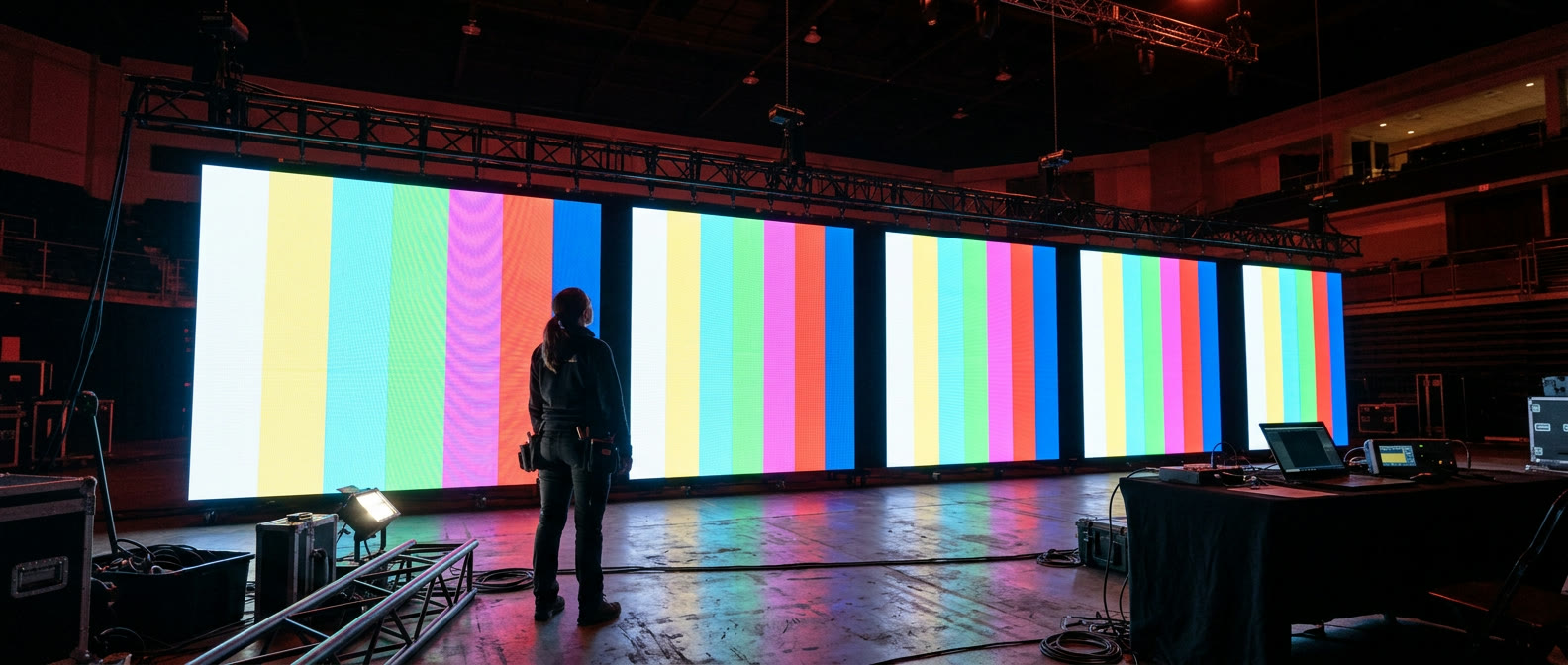 Technician viewed from behind facing a large LED wall displaying color bar test patterns, flight cases and gear staged nearby