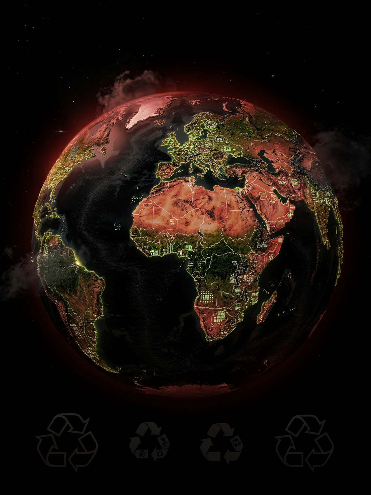 Earth at night, city lights visible across continents