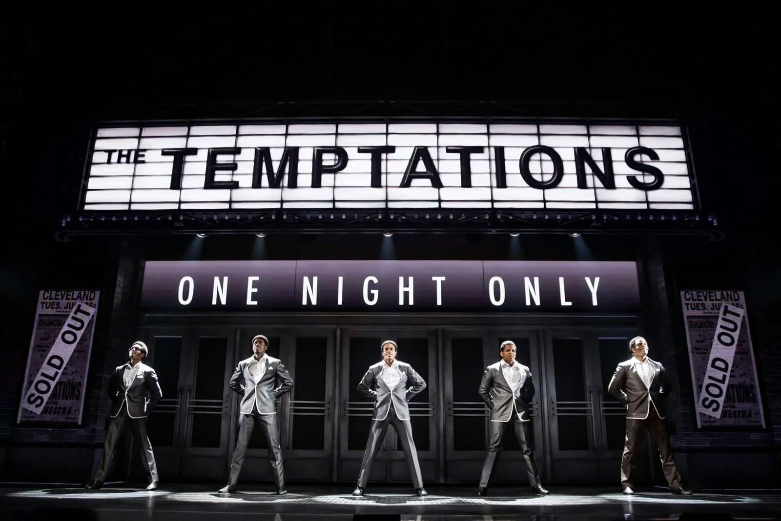 Ain't Too Proud, the Temptations musical, marquee and cast on stage